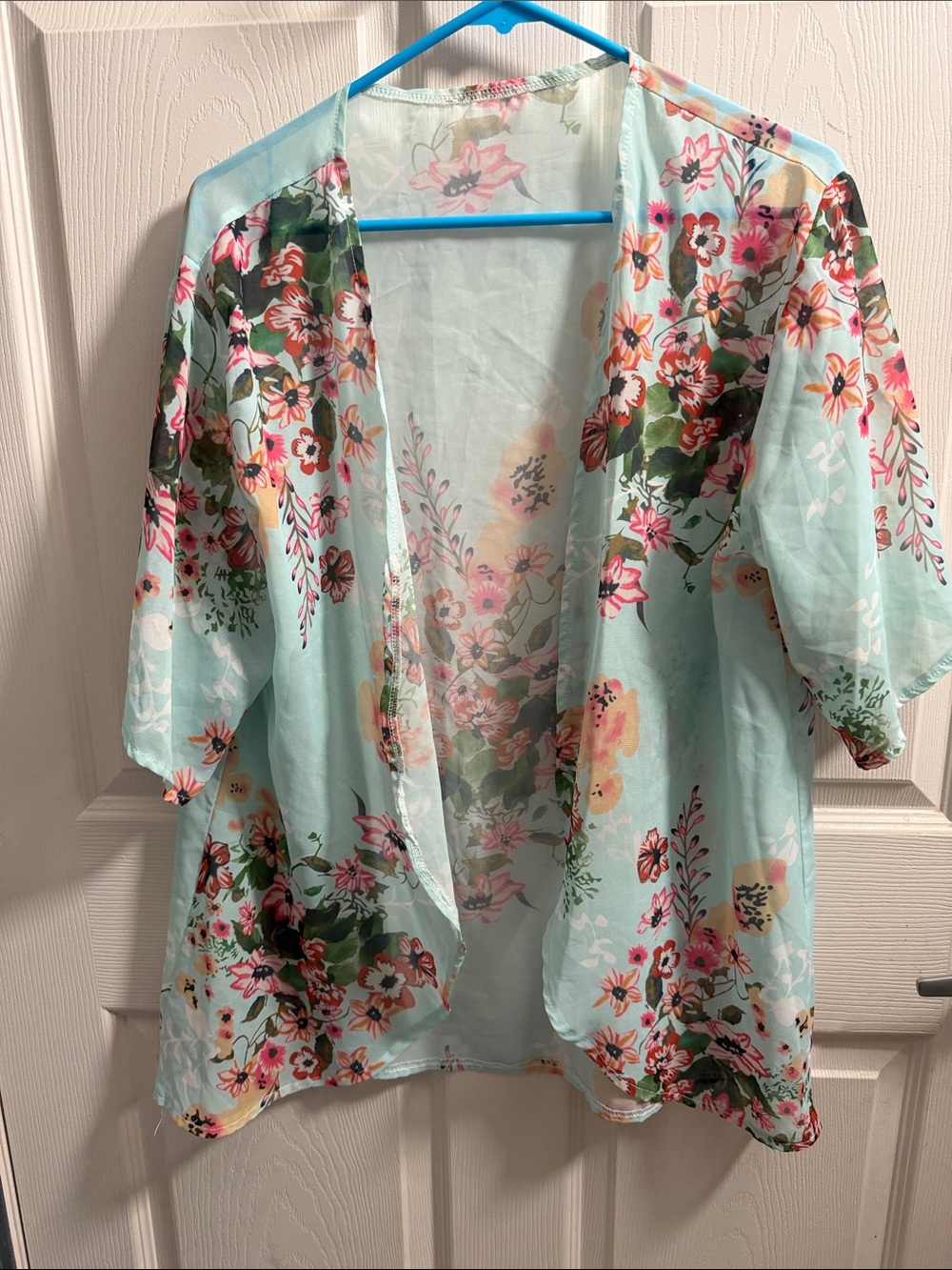 Light Blue Floral Sheer Kimono Shrug